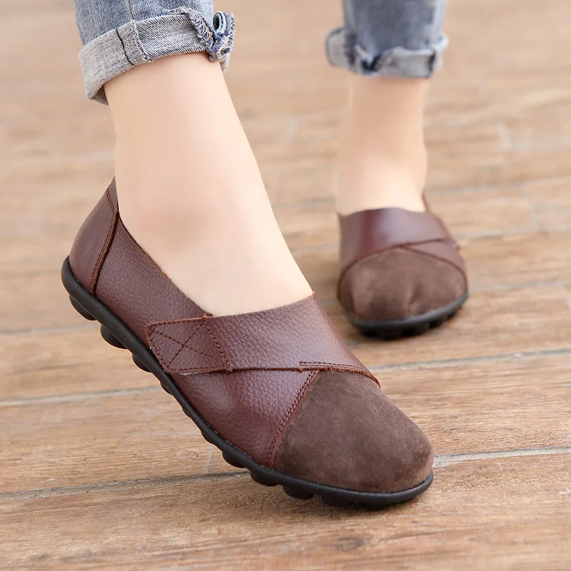 Spring Autumn Womens Flats Shoes Soft Genuine Leather Big Size Casual Boat Shoes for Women Flat Non-slip Mother Shoes s189