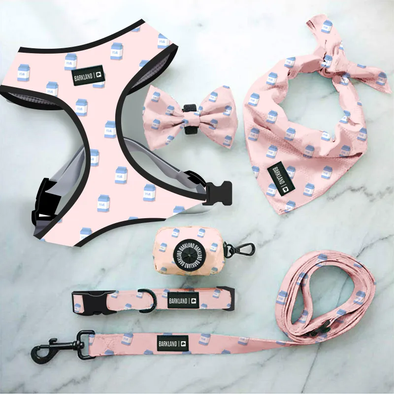 pet supplies dog harness and leash set strap plaid fabric dog adjustable neoprene harness leash and collar whole set