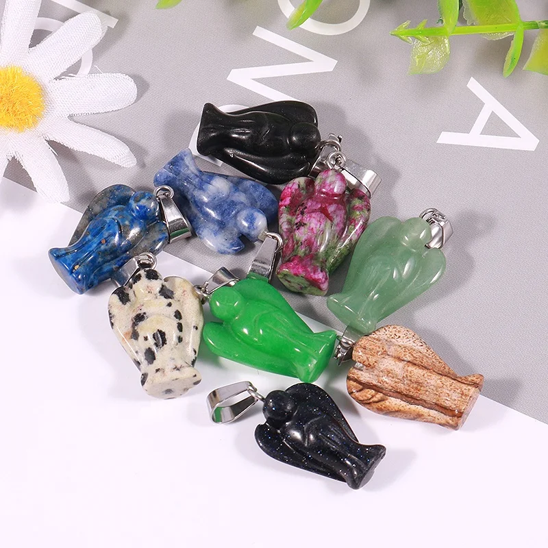 Charms 15*20mm Natural Crystal Gemstone Angel Pendant Mixed Carved Guardian Angel Statue Pendants for Jewelry Necklace