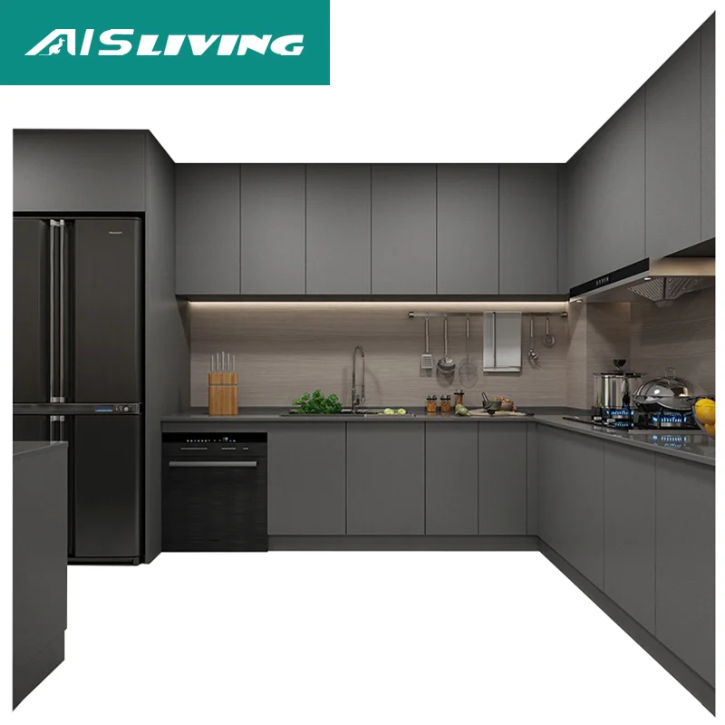 AIS Modern Minimalistic Style Designs Small Complete Custom Home Furniture L Shaped Melamine Unit Cabinets Kitchen With Sink