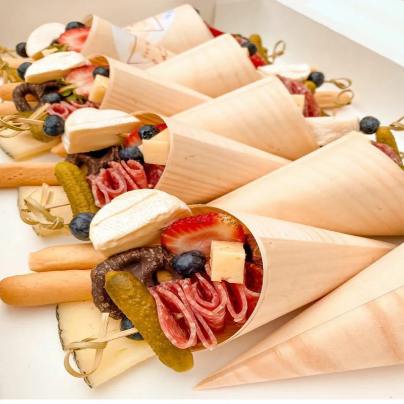 Eco-friendly Wood Chips Leaf  Disposable Take Away Cone Wooden Packaging For Sushi Roll Disposable Popcorn peanut container