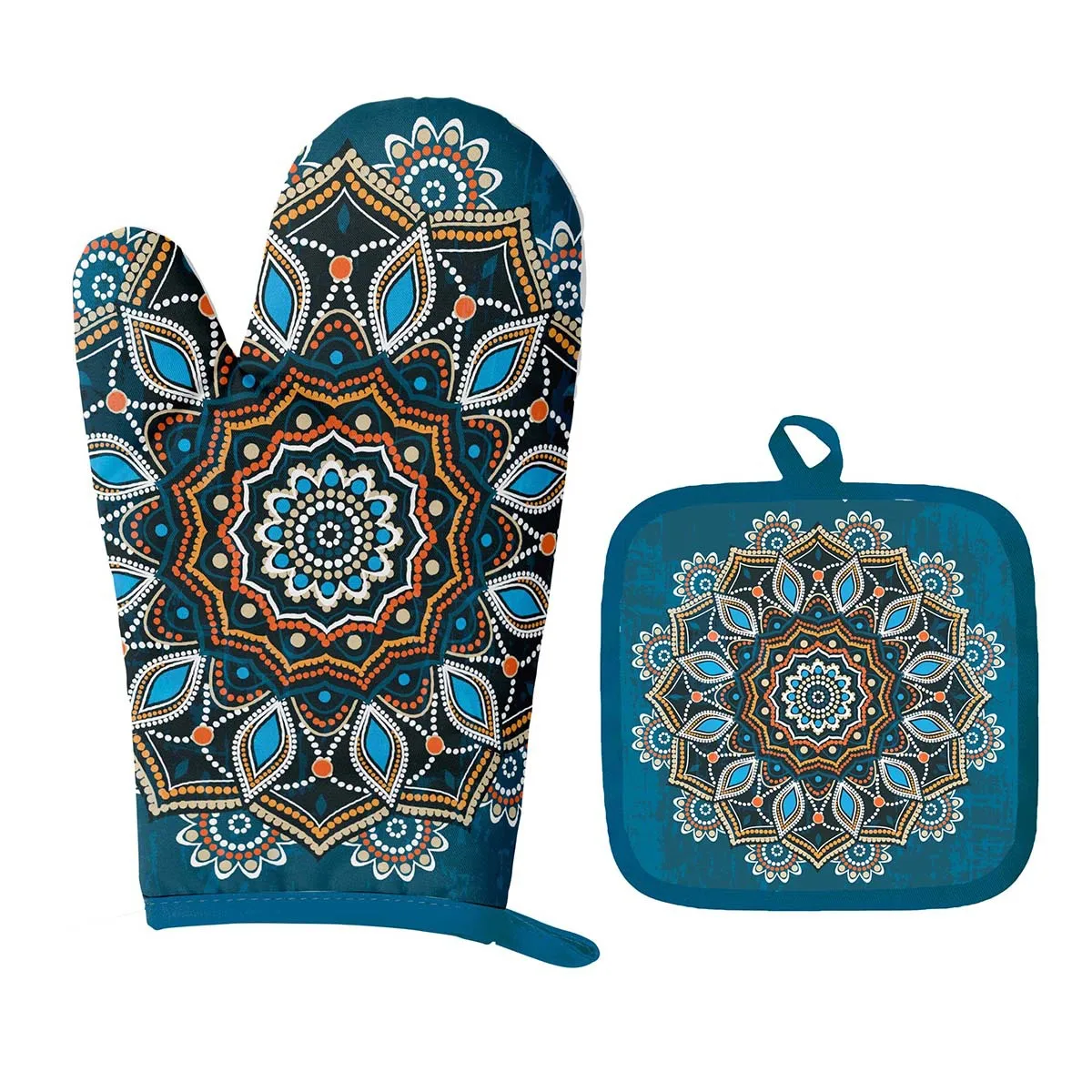 custom pattern superior quality  long cotton oven mitts and heat proof mat sets oven mittens