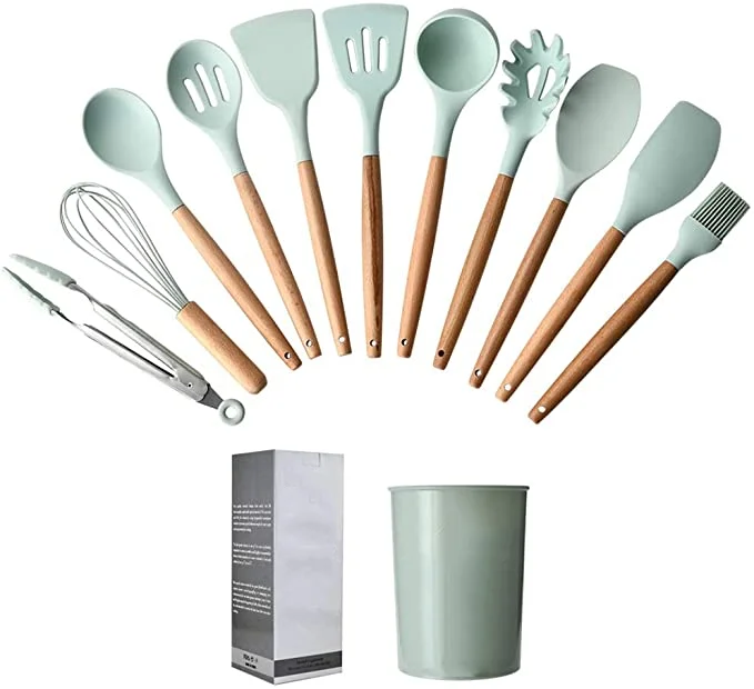 Factory Wholesale silicone kitchen utensil set wooden handle, silicone wooden kitchen spatula accessories utensils cooking set