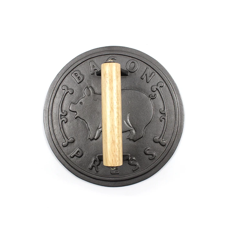cast iron bbq heavy-duty meat bacon press with wood handle