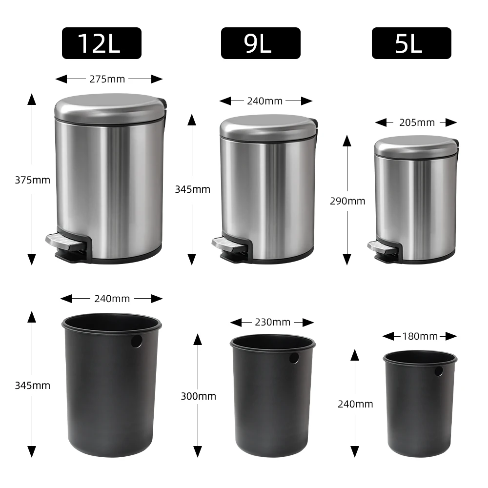 Soft Step 5/9/12L Pedal Step Trash Can with Removable Plastic Inner Bucket Round Garbage Bin for Kitchen Bathroom Office