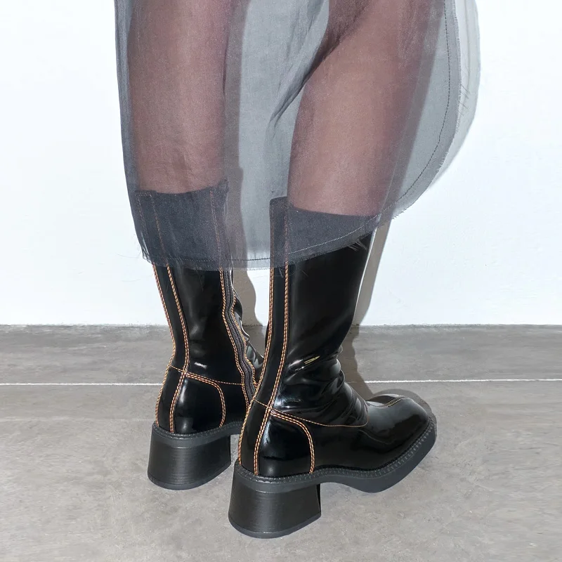 Custom Shiny Midi Boots Manufacturer Patchwork Design Rubber Sole Patent Leather Boot Custom Patent Leather Midi Boots For Girls