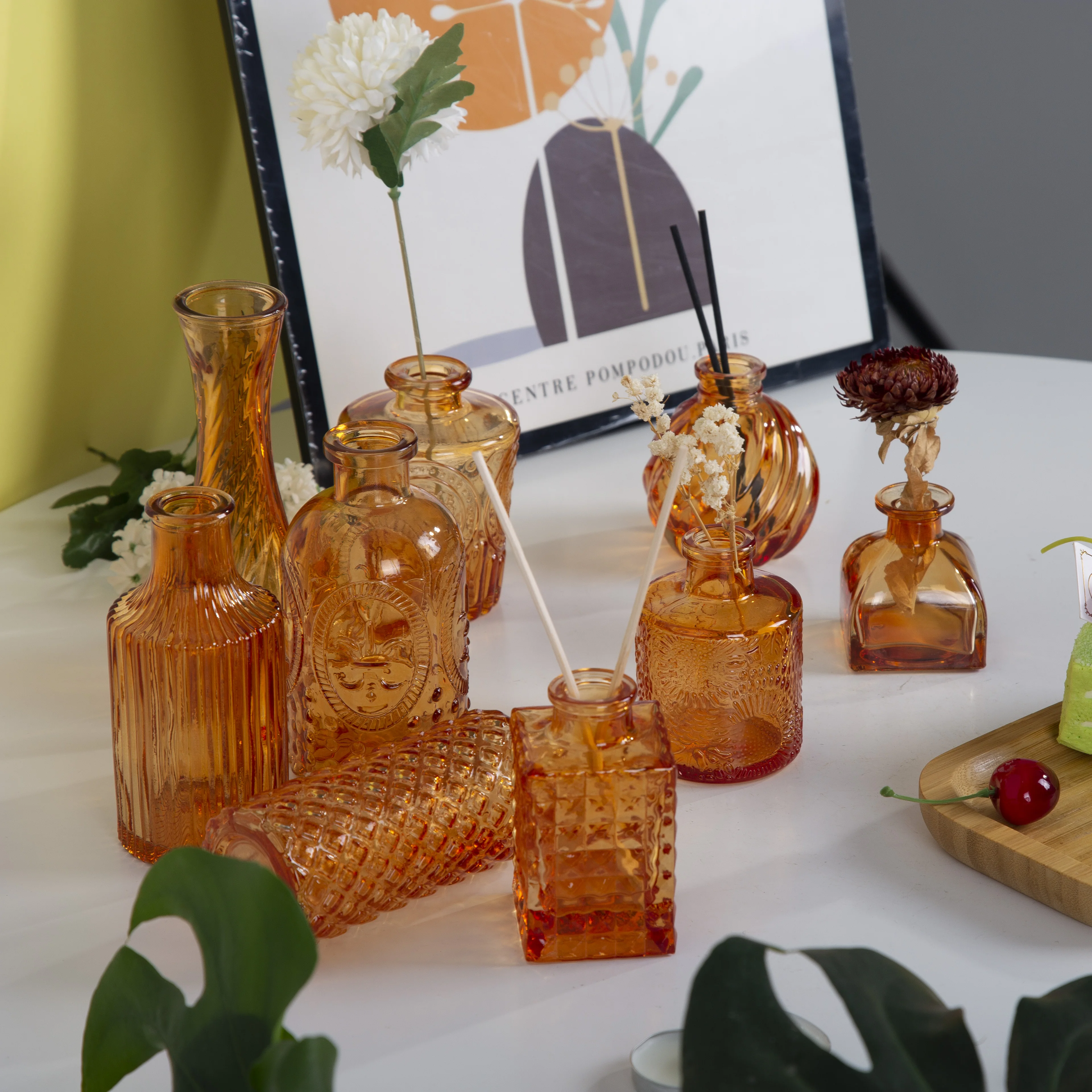 vintage embossed colored minimalist striped nordic style customised small amber glass bud vase 24 pcs set