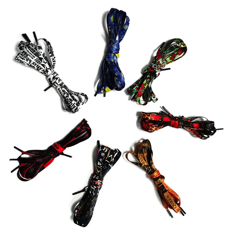 Wholesale Fashion Cheap Boys Shoelace Customised Heat Transfer Printed Shoelaces Aglets White Polyester For Sneakers Vintage