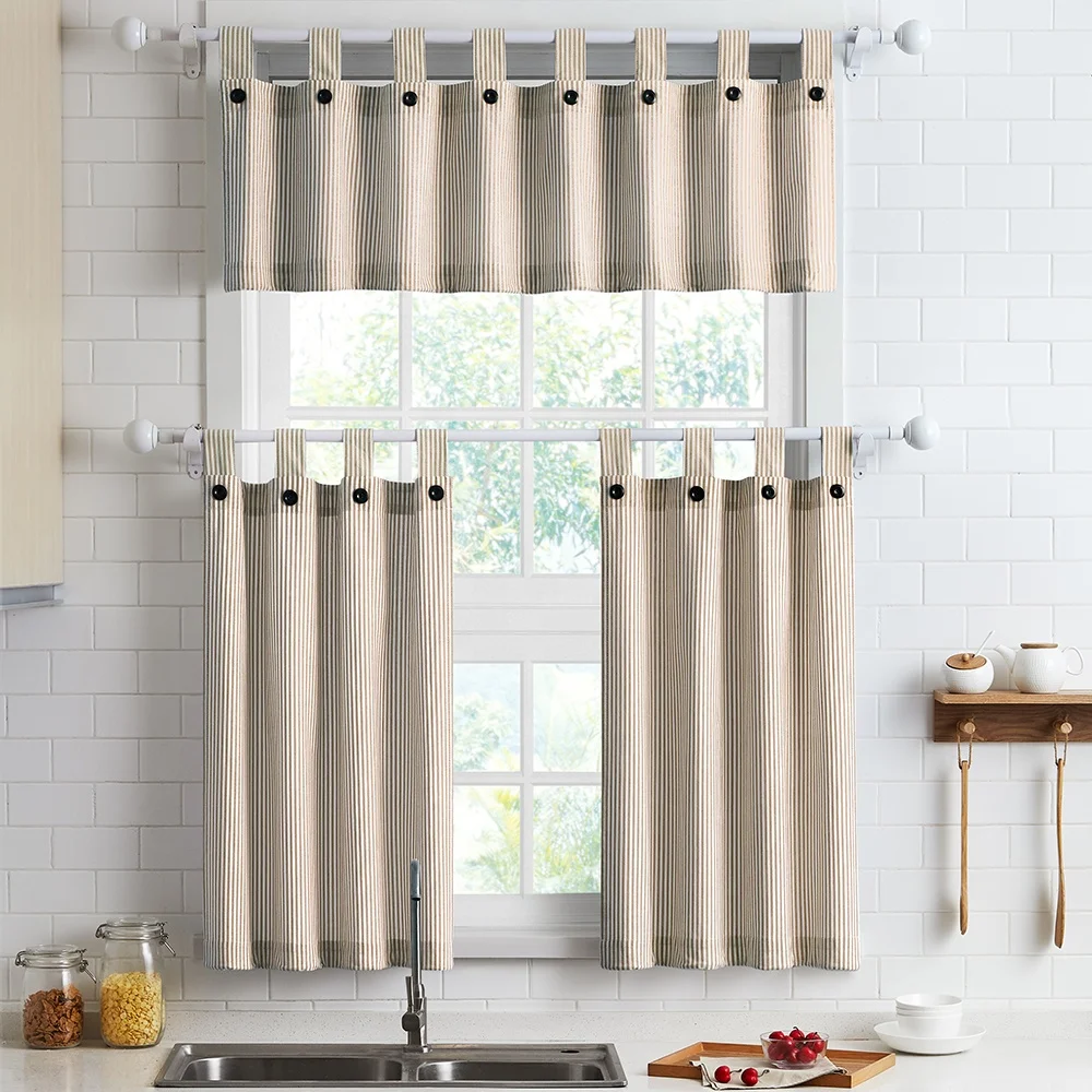 Linen color striped design 3 piece tab top cotton kitchen curtains and valances set ready made