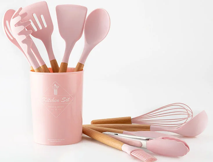Non-stick Pot Shovel With Storage Bucket Pink Wooden Handle 12pcs Silicone Kitchen Utensil Set
