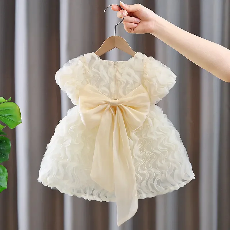 High Quality Wholesale Summer Princess Soft Cotton Casual Dresses Girls Newborn Baby Kids 2-8y Puff Sleeve Mesh Design