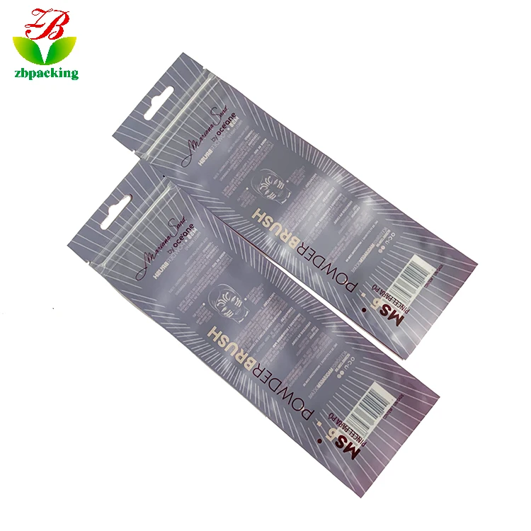 eco friendly  customize printing Front transparent cosmetic tool brush packaging plastic zipper bag
