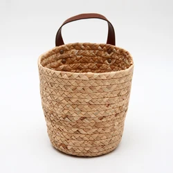 Woven Gourd Grass Braid Round Storage Basket with Leather Handle for Kitchen Vegetable