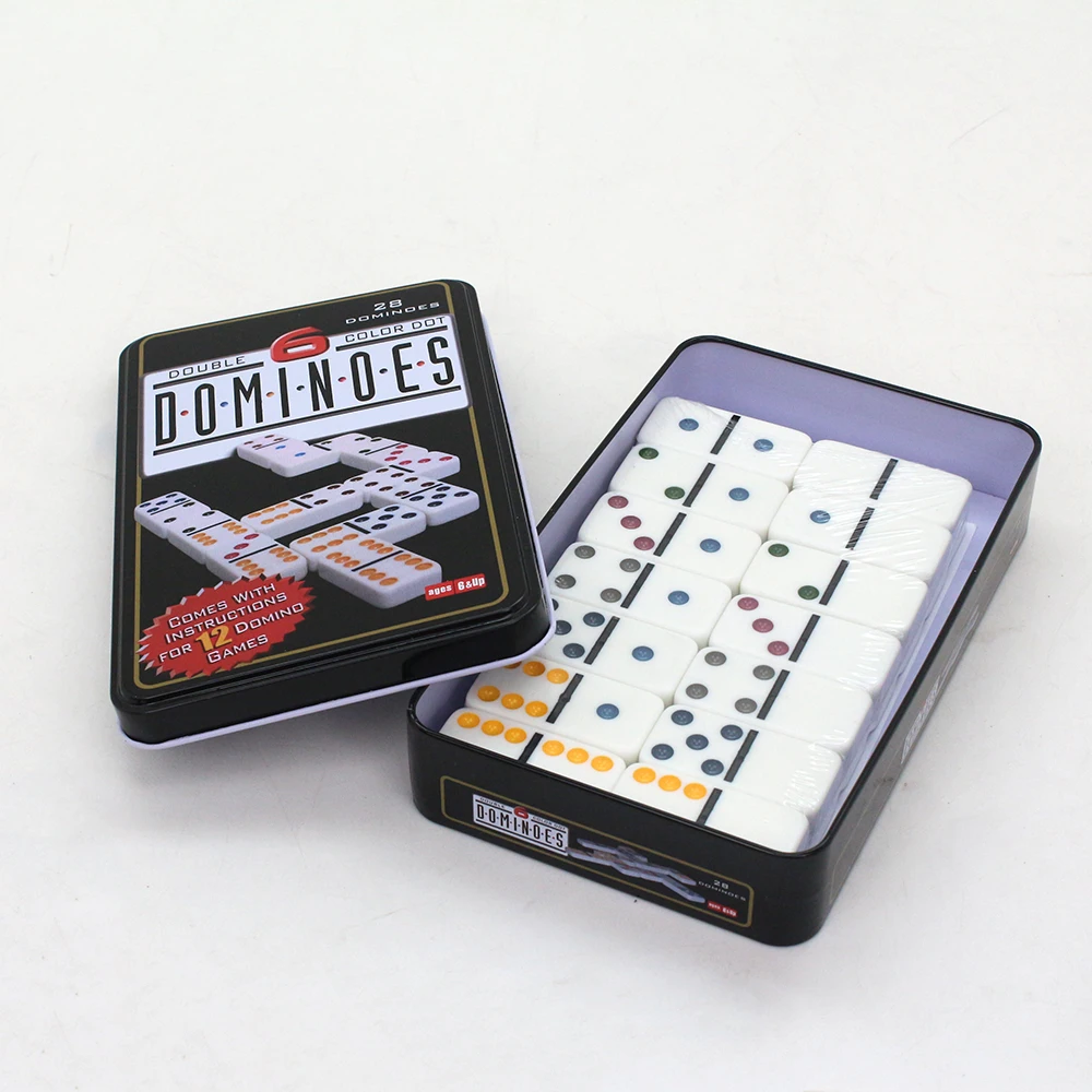 Double 6 Dominoes Set with Colored Dots 28 Piece Set White Dominoes with Tin Case