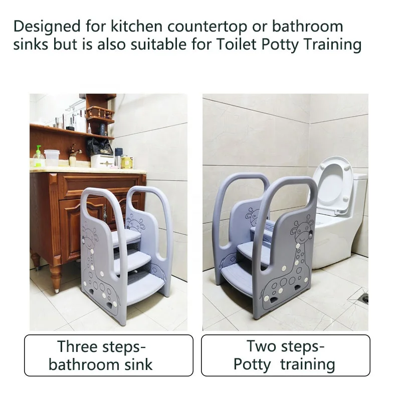 Toddler Toilet Training Step Stool Chair Kids 3 Step Standing Tower Plastic Learning Helper Stool for Kitchen