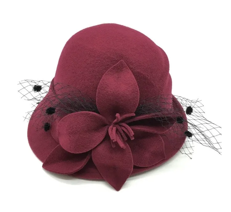 New Fashion 100 Wool Felt Bucket Hat Women Cloche Hats Lady Church Wedding Dress Women wool Felt Hats With Flower Bow Sun