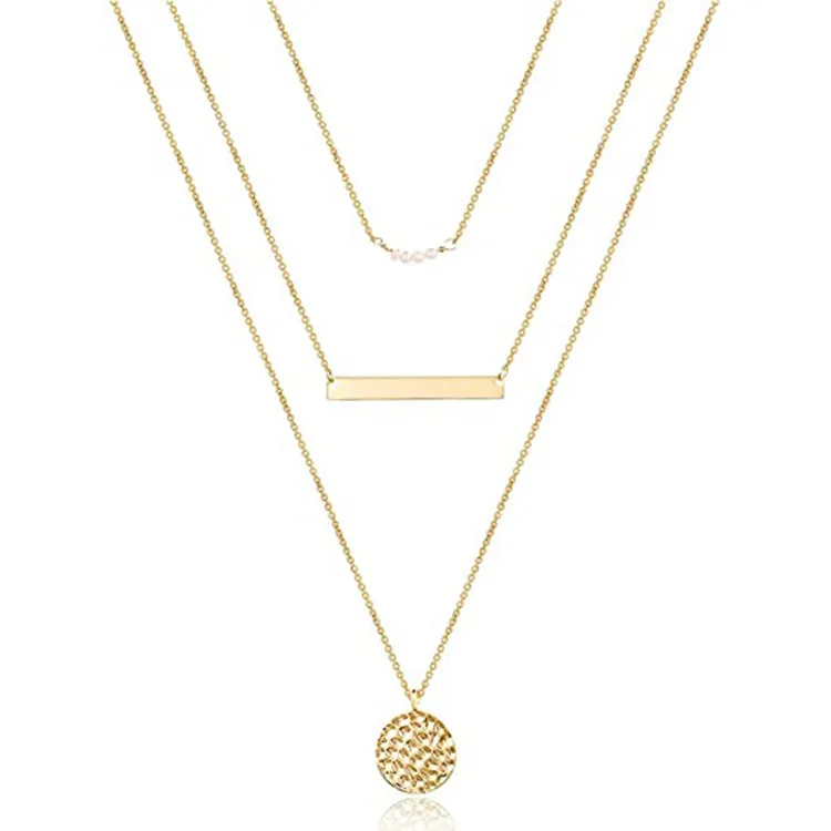 
Fashion trend pearl necklace set simple copper pearl and chain necklace round medal freshwater pearl necklace 