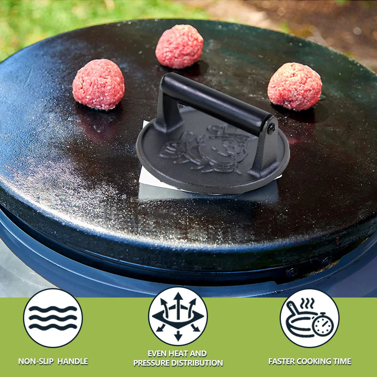 Customize BBQ Cast Iron steak Meat Press Smasher Bacon Presser Grill Press cast Iron Burger press