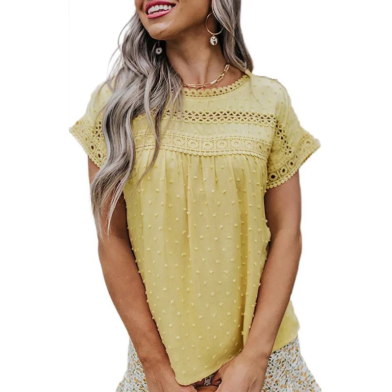European And American Round Neck Shirt Lace Crochet Pompom Short Sleeve Casual Tops