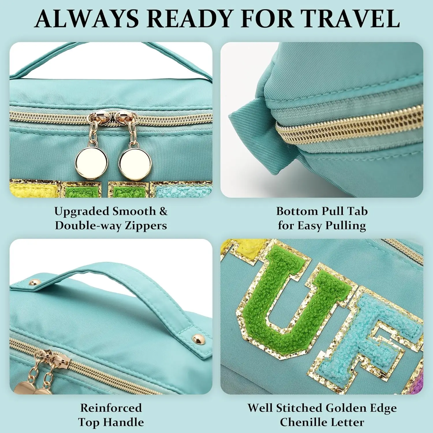 Preppy Makeup Bag, Large Capacity Travel Cosmetic Bag, Chenille Letter Open Flat Nylon Bag