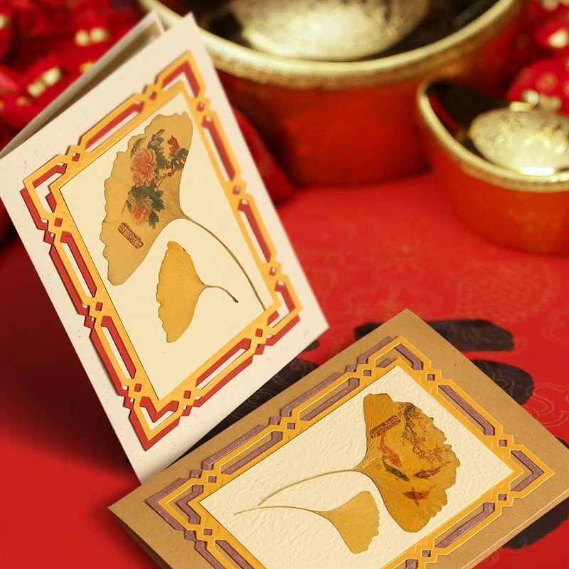 Aegean Gift 2022 Greeting Cards Unique Craft Dried Ginkgo Leaves Lasercut Invitation Cards Of Occasions Luxury