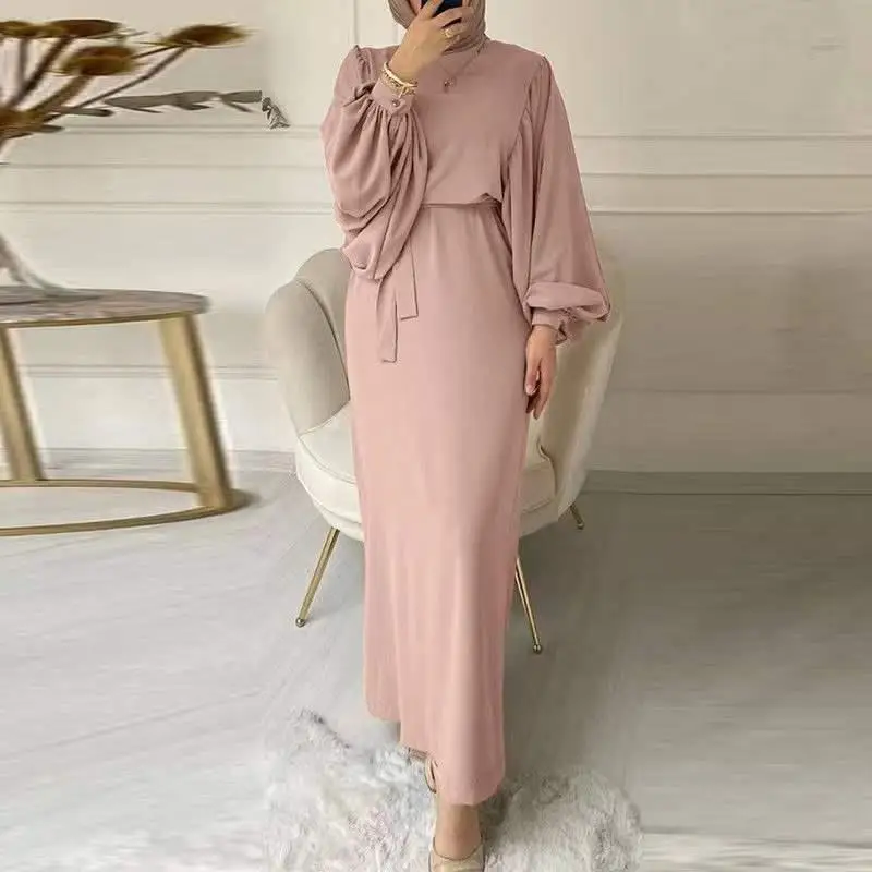 Fashion Solid Color Muslim Dress Dubai Turkey Casual Long Sleeves Dresses Women Islamic Robe Abaya Dress