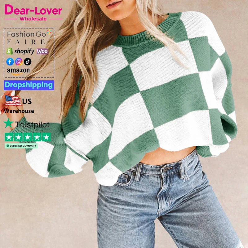 Dear-Lover OEM ODM Custom Wholesale Fashion New Winter Crew Neck Pullover Checkered Knit Women Oversized Sweater