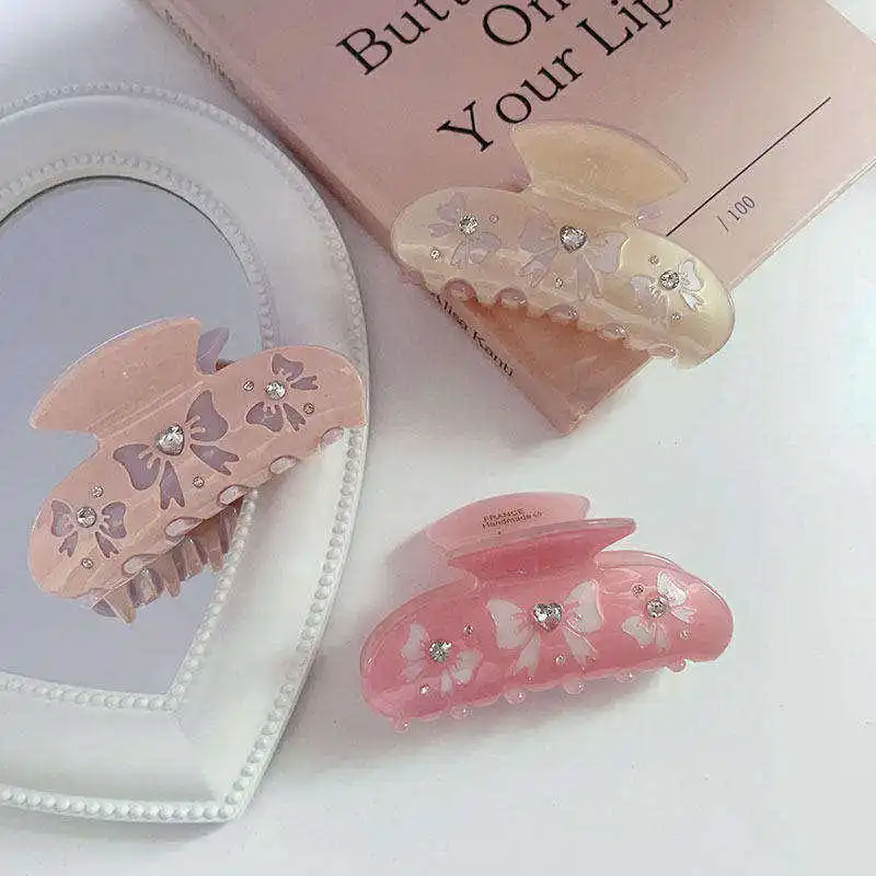 Wholesale custom cute acetate hair claw clips girls rhinestone metal backings bow hair accessories