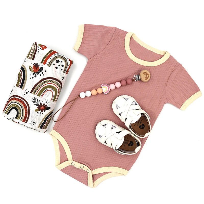 rainbow Baby Shower Gift Set with Teething pacifier chain Pu leather shoes Blanket Romper  new born baby gift set