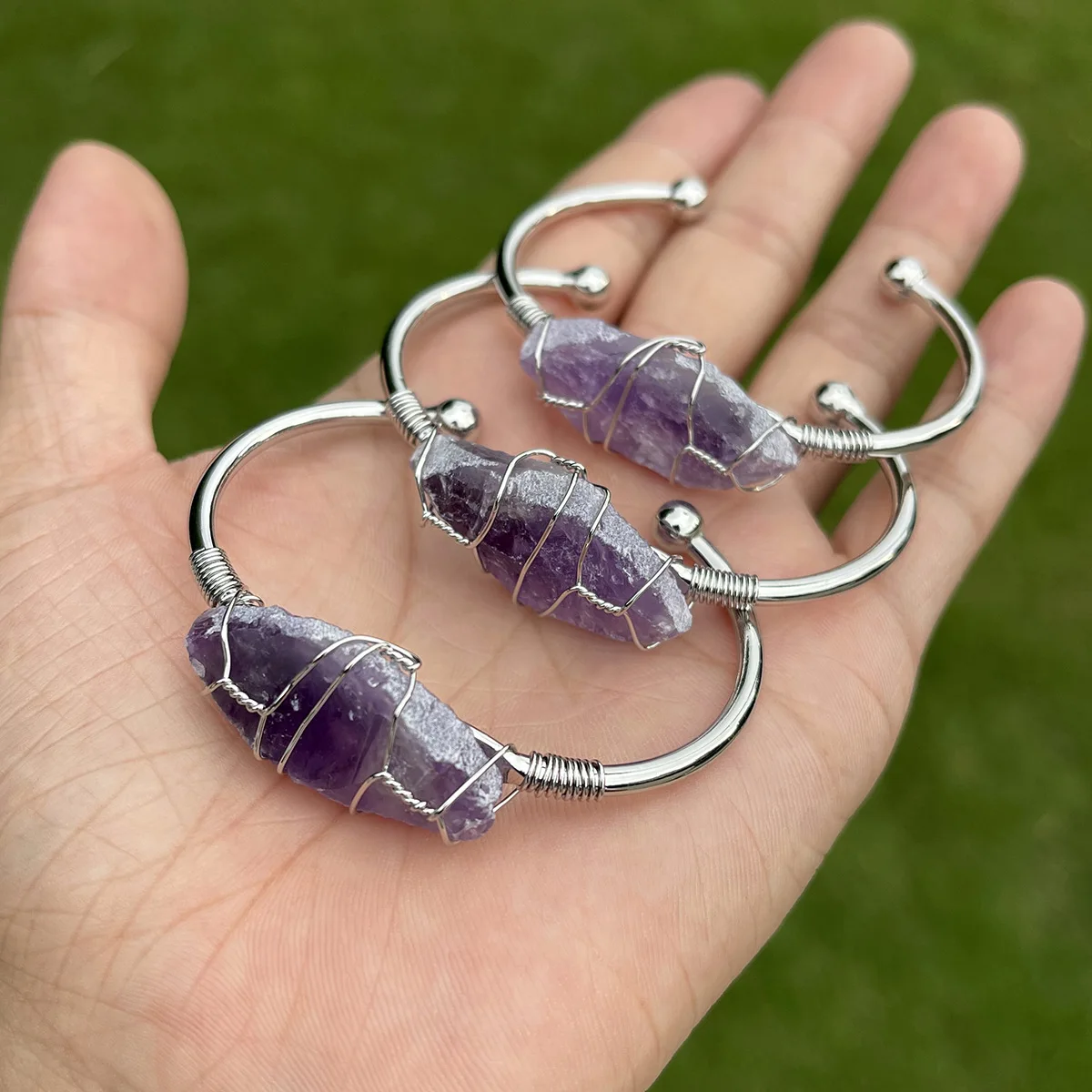 Wollet Personality Fashion Women Natural Powder Crystal Bangle Raw Stone Copper Wire Bracelet