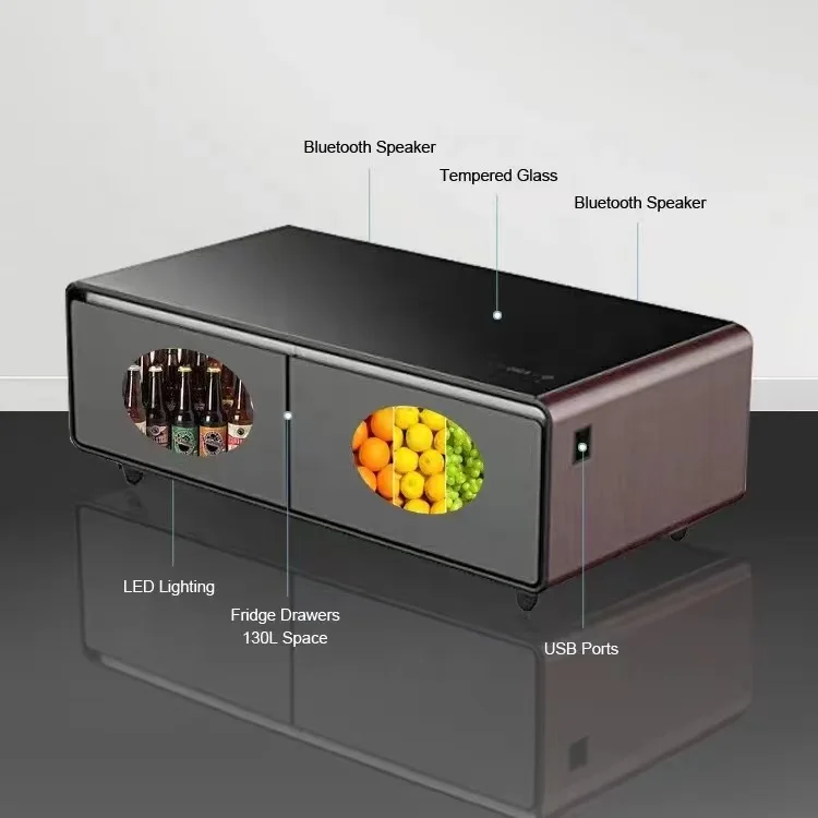 Top New Product 2022 Furniture Refrigerator Cooler and Cold Table Built-in Loudspeaker and Wireless Charging Stations Dual-zone