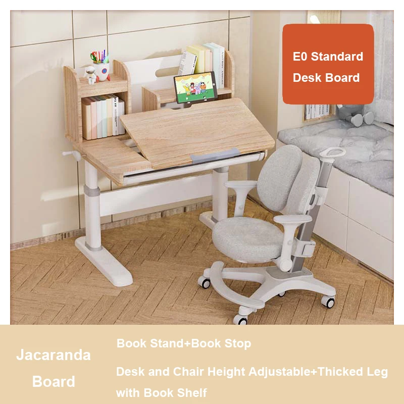 Wood Kids Desk and Chair Set Height Adjustable and Tilt Desktop, Study Desk with Bookshelf, Book Stand and Bookstop