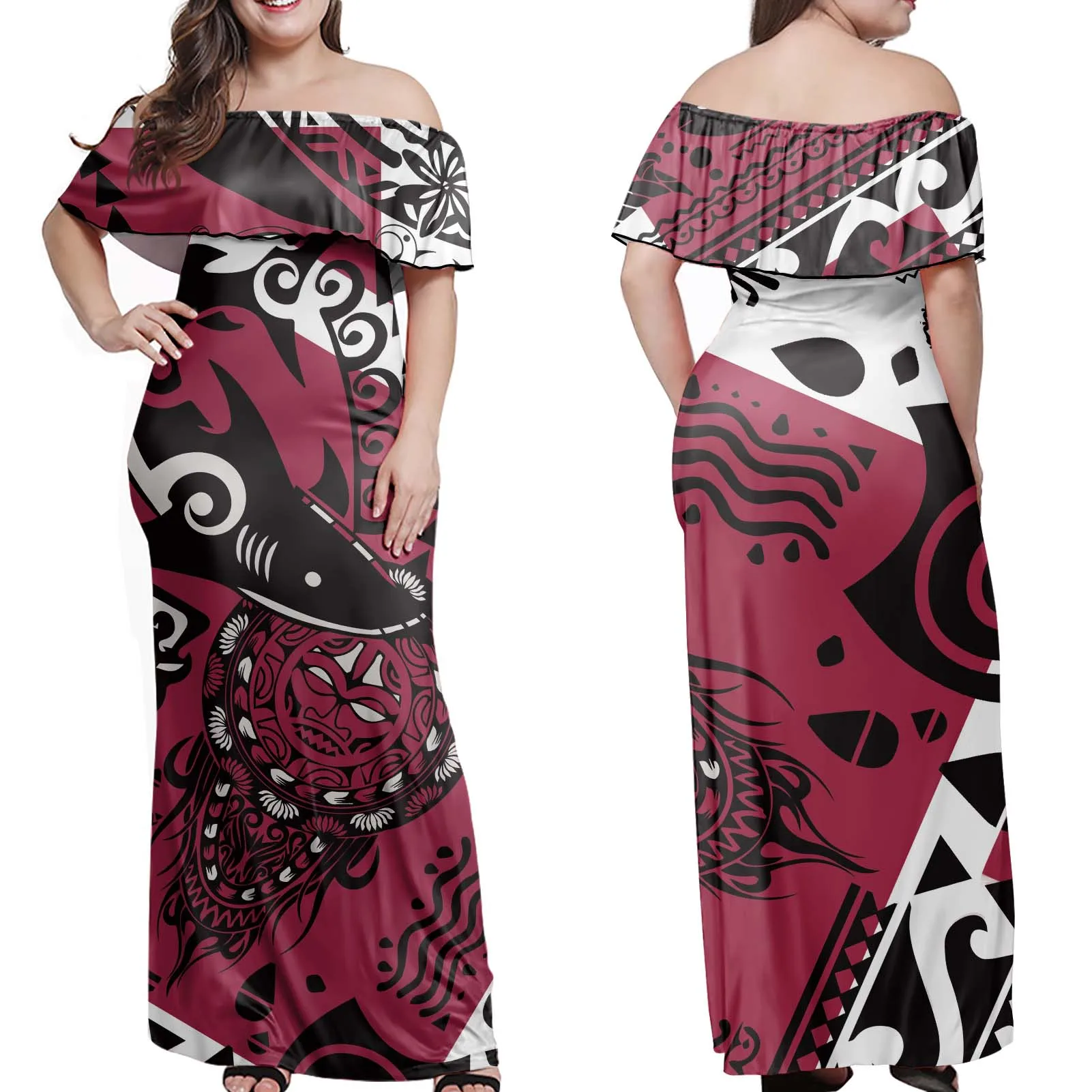 
2021 Private Label Polynesian Tribal Stripe Custom Logo Print Off Shoulder Dresses Lady Sexy 4XL 5XL 6XL 7XL Women Dress 