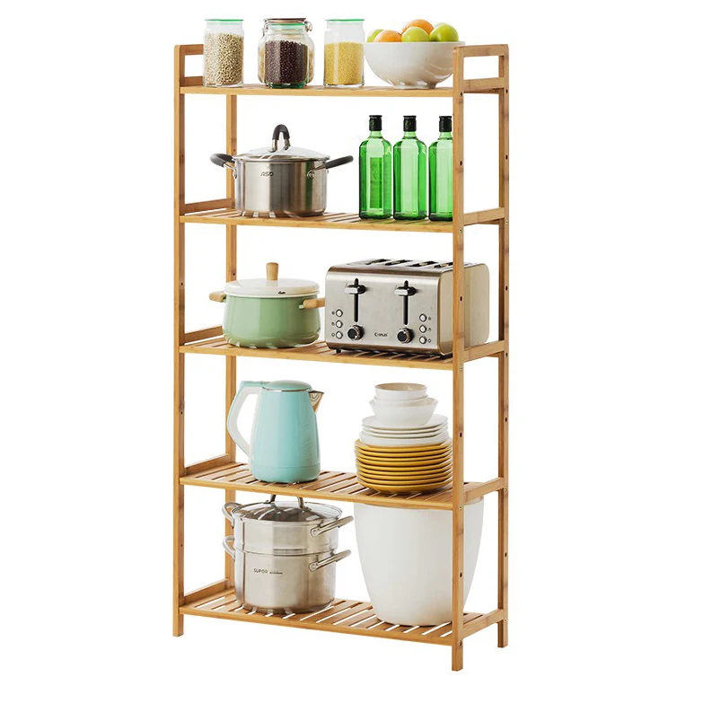 
Simple floor-to-ceiling bamboo shelf bookshelf solid wood storage kitchen microwave oven shelf 