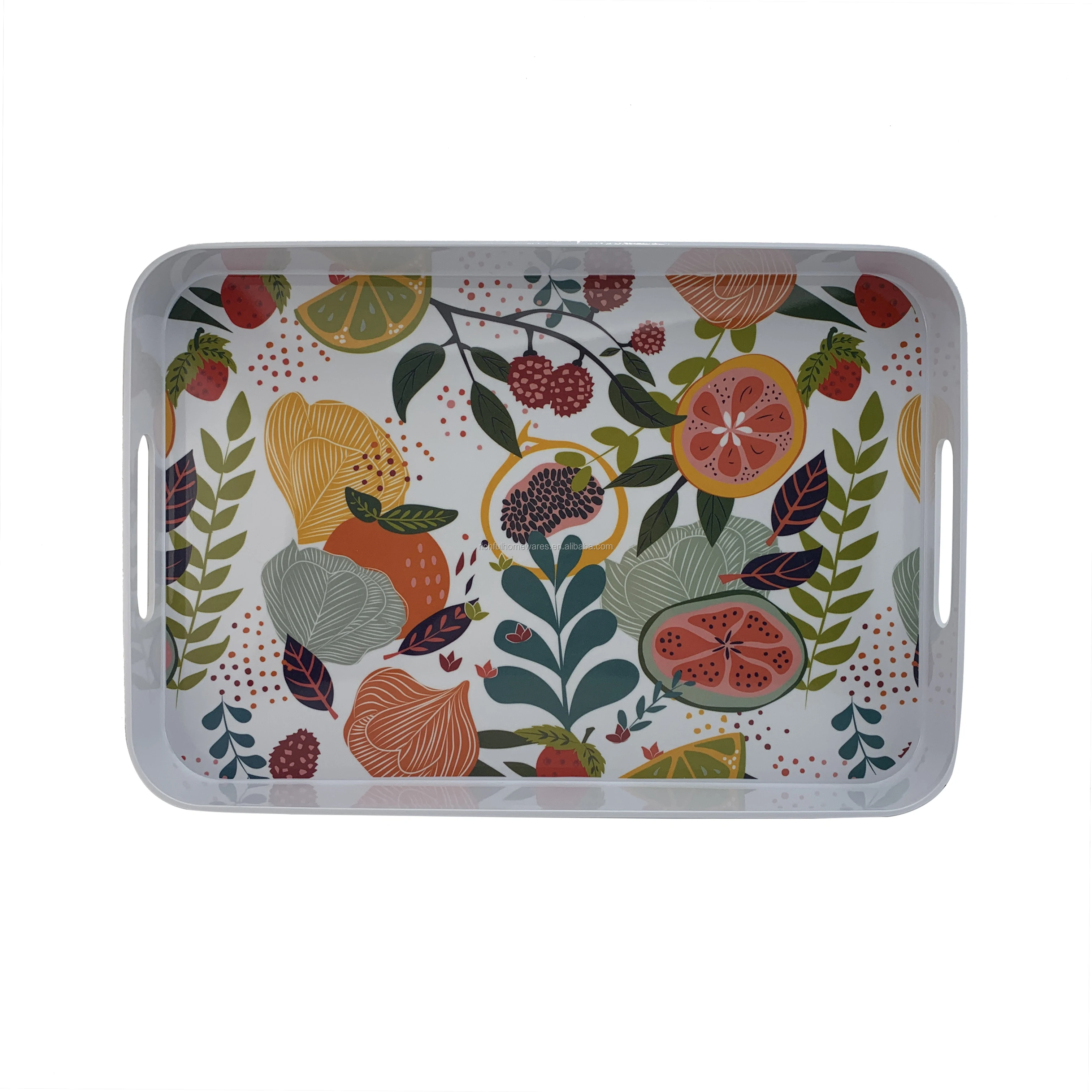 High Quality Hotel Restaurant Glossy Melamine Handled Retangular Serving Tray with Printing