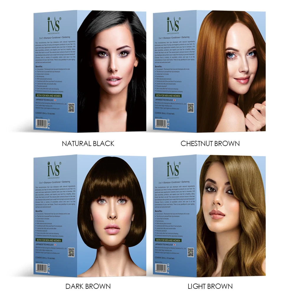 IVS OEM In Stock Daily Use Professional No Side Effect Without Ammonia Dark Brown Hair Color Shampoo 30ml Sachet Hair Color