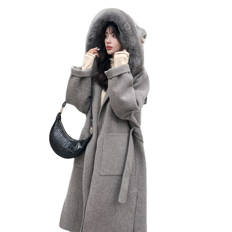 Korea Style Thick Warm Winter Real Fox Fur Collar Wool Fur Coat Hooded Cashmere Coat Women