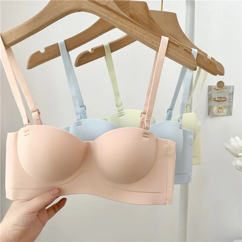 Women Seamless Gather Small Breast Bra One Piece Comfortable Half Cup Brassiere Strapless Bra Wirefree Push up Bra Adults