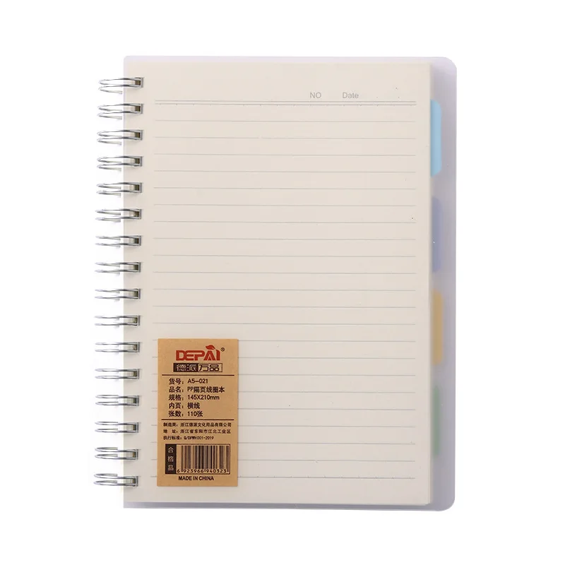 A5 B5 A6 Diary notebook with PP material cover and classification label, spiral coil, student office supplies