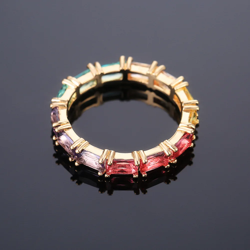 Luxury Fashion Rainbow Color Zircon Ladies Ring Wholesale Jewelry Cz Eternity Band Stack Baguette Cubic Zirconia Finger Ring