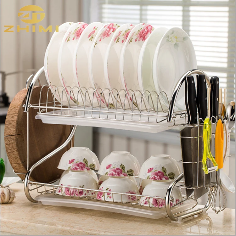 2-Tier Metal Dish Storage and Drainboard Kitchen Chrome Cup Drying Rack Tray Cutlery Drainer Holder