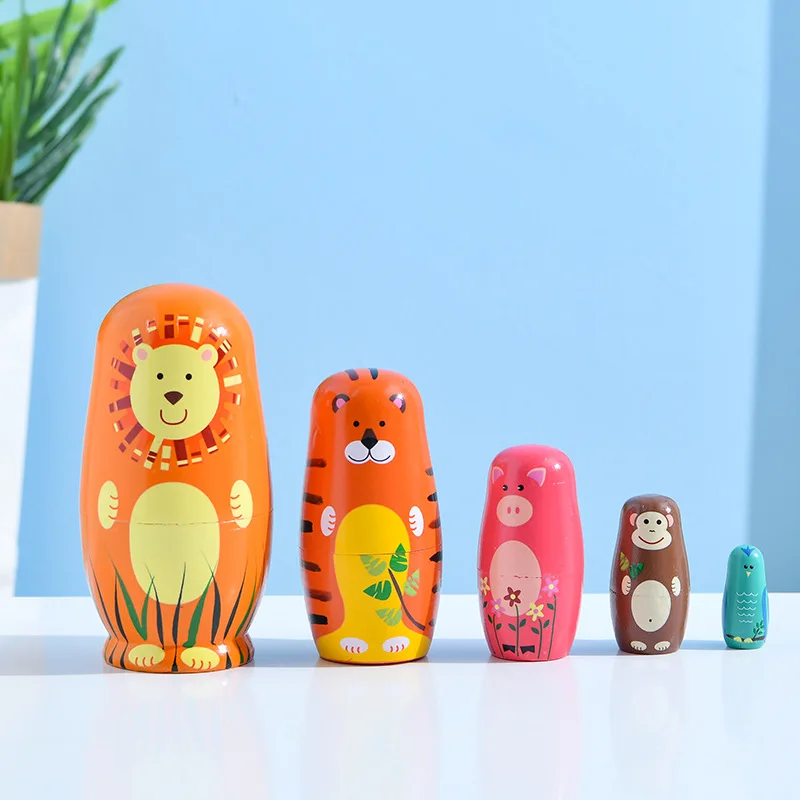 Factory Wholesale Hot Sale Wooden Nesting Animal Doll Cartoon Cute Animal Pattern Educational Wooden Nesting Dolls For Kid