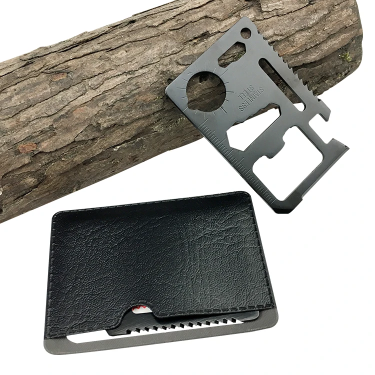 Outdoor Camping Multitool Card Black 11-in-1 Pocket EDC Tool Multifunction Bottle Opener Card Size Leather Bag Gift OEM Logo