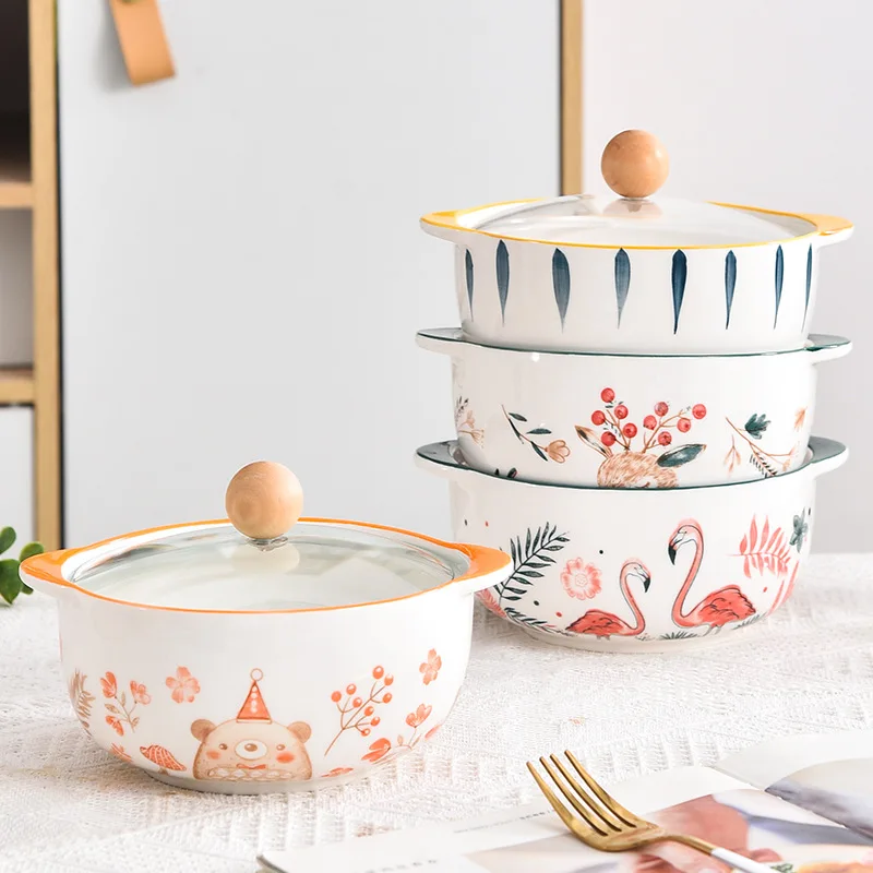 Japanese cartoon ceramic bowl household small instant noodle bowl simple personality with cover soup double ears soup pot