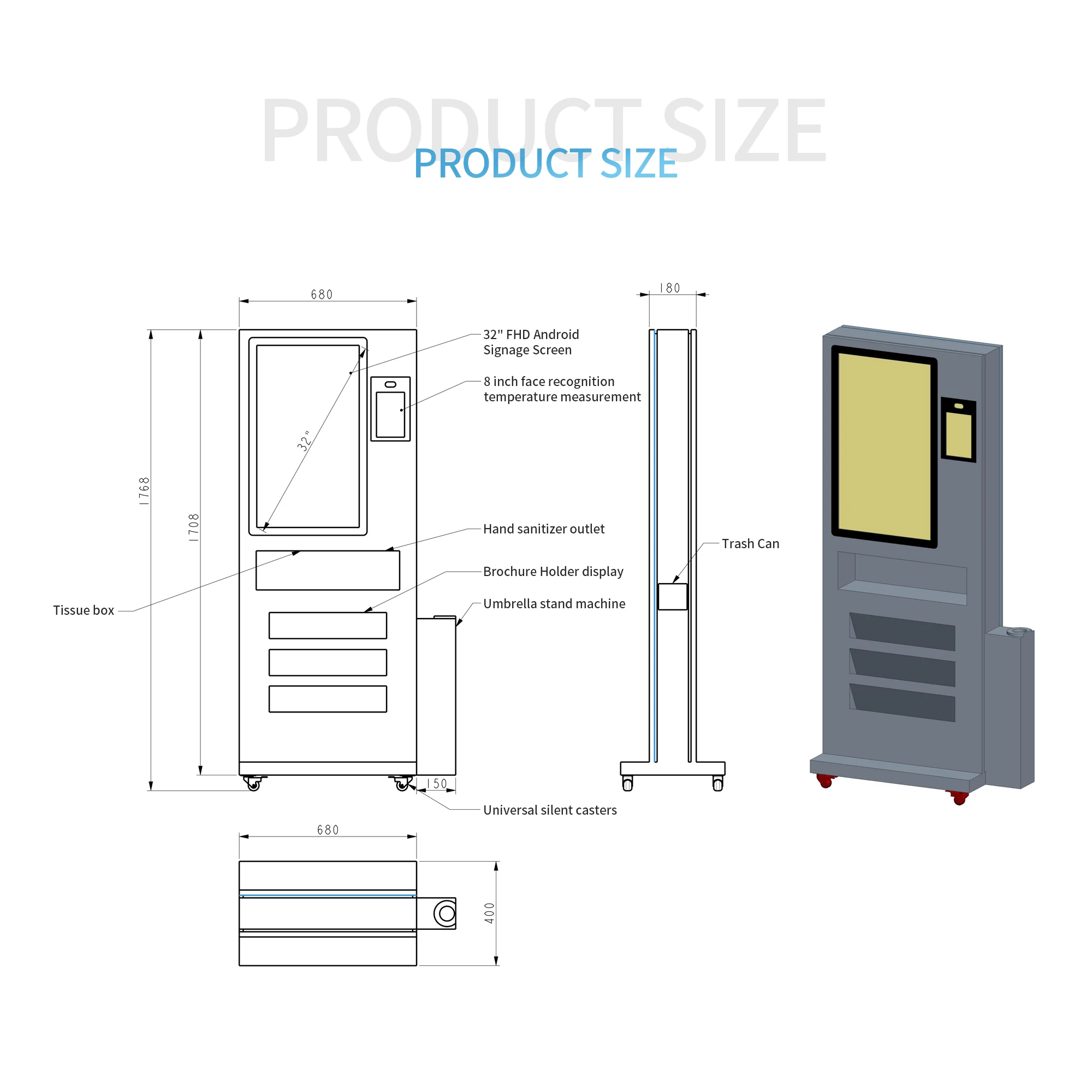 Shopping Mall 32 inch floor standing kiosk 1200 ml Hand Wash Dispenser Body Temperature Sensor LCD Screen Kiosk