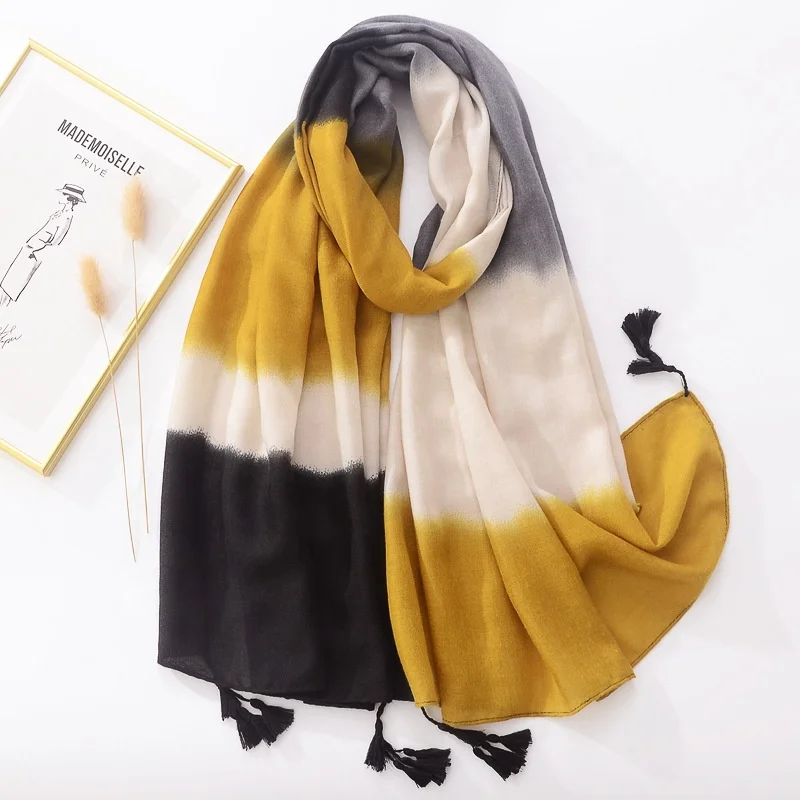 Wholesale Gradient Color Dyed Cotton Linen Feel Tassel Tie Dye Scarf Muslim Malaysia Wrap Turban Beach Towel Ladies