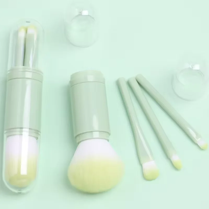 DailyQueen 4-In-1 Retractable Mini Makeup Brush Set Portable Travel Highlight Blooming White Eye Shadow Powder Brush
