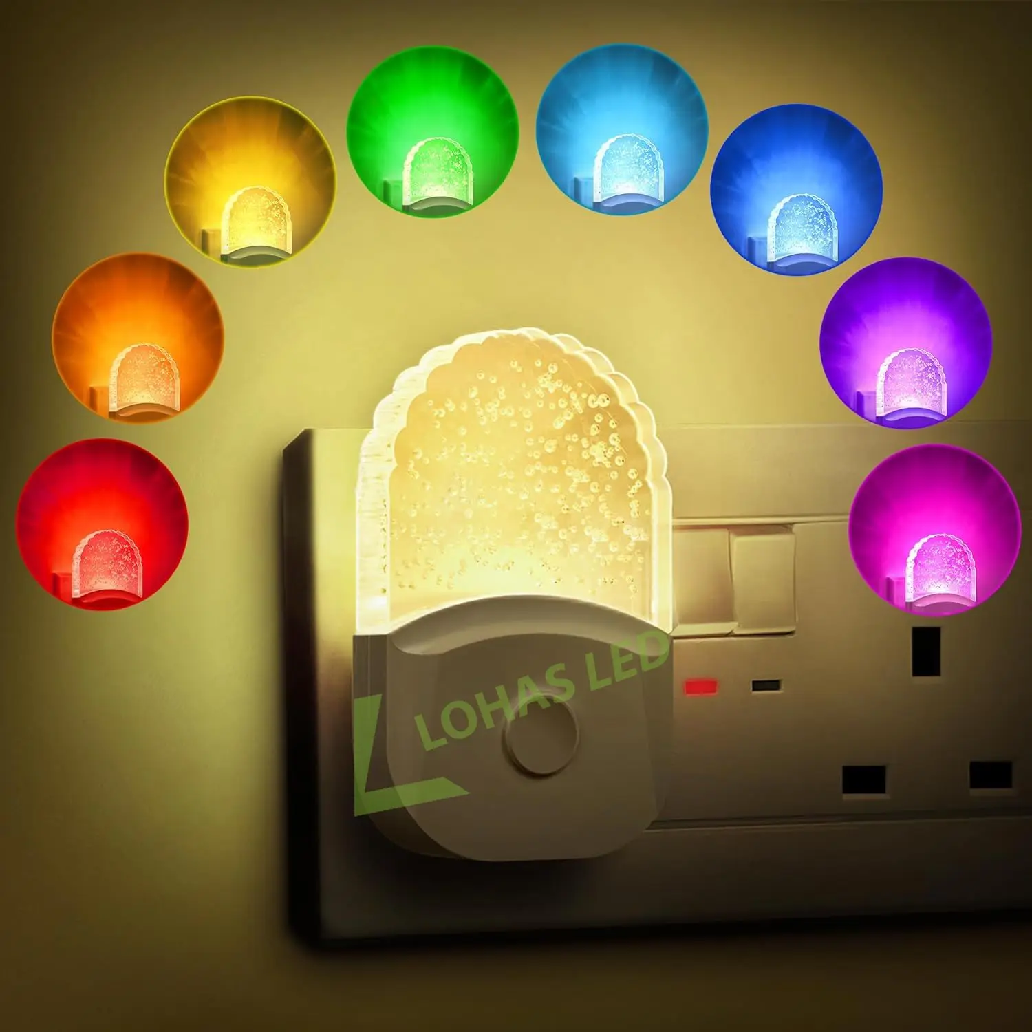 LOHAS RGB Color Changing Dusk to Dawn Sensor RGB+3000K Nightlight Plug In LED Acrylic Night Light for Living Room