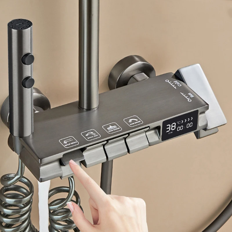 Полный набор душевой системы, дождевой воды, напорный цифровой светодиодный душевой набор, смеситель для горячего и холодного душа