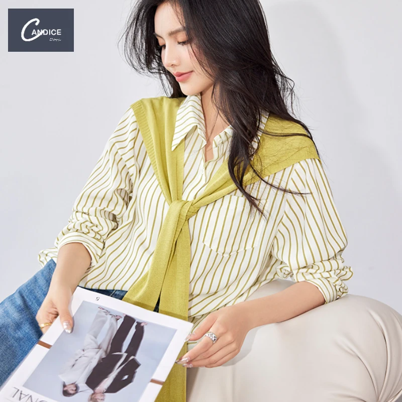 Candice French polo top fashion yellow knitted shawls stripe patchwork shirt
